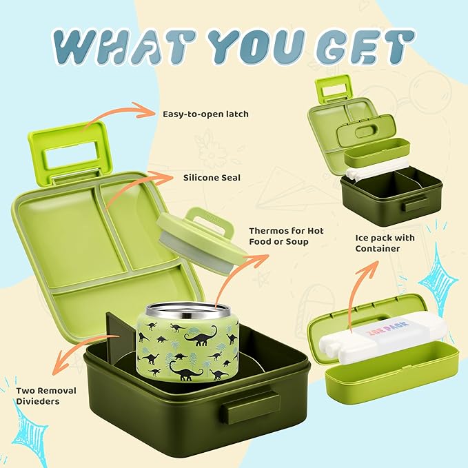 PIQUEBAR Bento Box for Kids with 8oz Soup Thermo Leak-Proof Lunch Box Food Containers with Snack Sauce Container for Kid Toddler Girls Boys to School, Forest Dinosaur