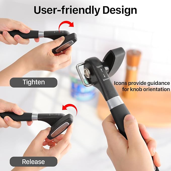Beneno Can Opener, Manual Side Safe Cut Can Opener Smooth Edge with Durable Sharp Blade, Effort-Saving Knob & Comfortable Non-slip Handle, Black