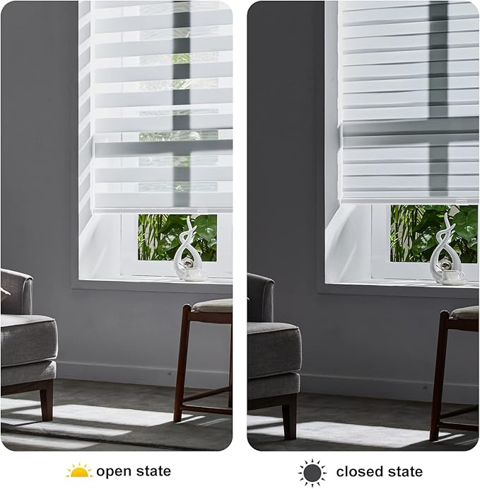 Persilux Cordless Zebra Blinds for Windows, Free-Stop Dual Layer Zebra Roller Shades (18" W x 72" H, White) Light Filtering Sheer Shades, Room Darkening Roller Blinds for Office and Home