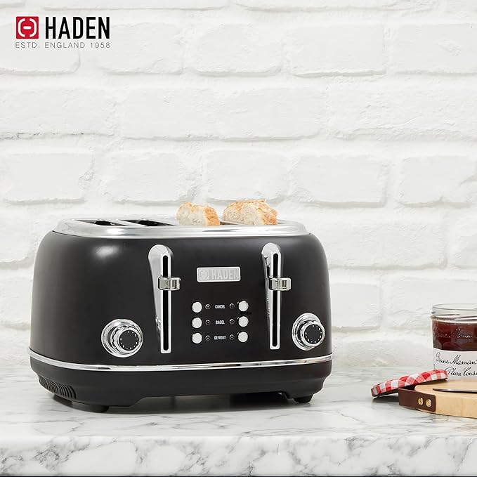 Haden Heritage 4 Slice Wide Slot Stainless Steel Toaster Bundled with 1.7 Liter Stainless Steel Electric Water Kettle, Black & Chrome