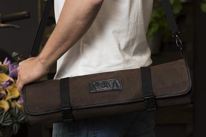 Asaya Canvas Chef Knife Roll Bag - 10 Knife Slots and a Large Zipper Pocket - Durable 10oz Canvas Knife Case with an Adjustable Shoulder Strap - Knives not Included
