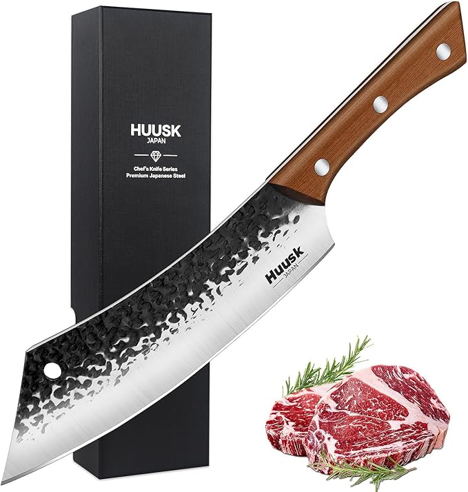 Huusk 7.4 Inch Meat Cleaver for Meat Cutting, Hand-Forged High Carbon Steel Butcher Knife with Sharp Blade & Ergonomic Handle, Professional Butcher Knife for Home Kitchen Cooking