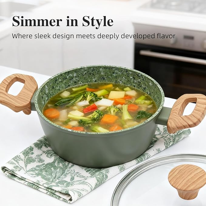 3-Piece Nonstick Pots and Pans Set with Lids, Includes 8.5 Inch Frying Pan 1.5Qt Saucepan and 2.2Qt Stock Pot, PFOA Free Dishwasher Safe Induction Compatible Family Cookware, Green