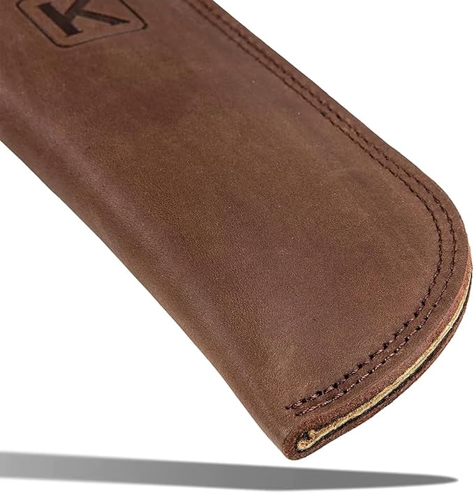 Knapp Made Bourbon Brown 5.5” Extra Thick Leather cast Iron Skillet Handle Covers - Pot Handle Covers, Double Layered Double Stitched, Slides On and Off Easily onto Metal Skillet Grips.