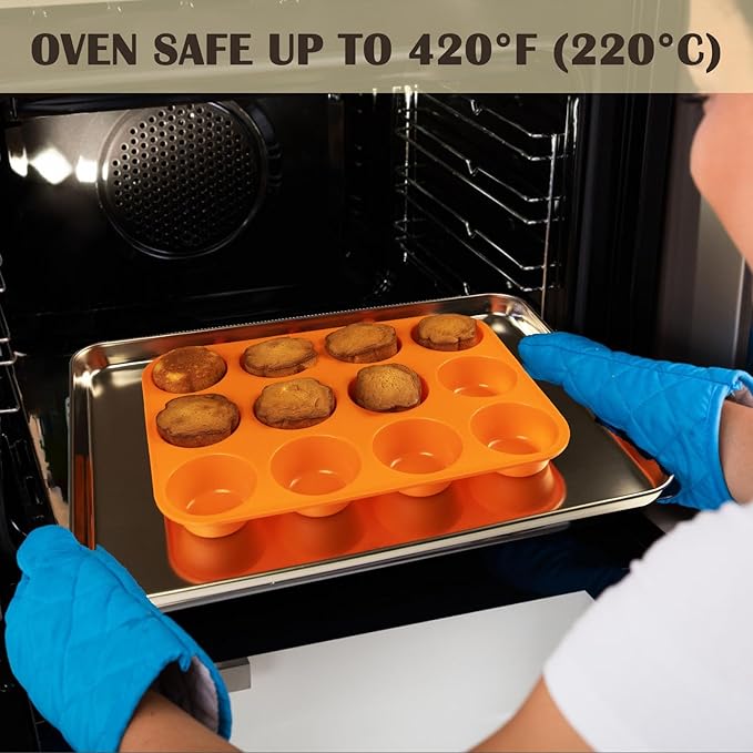 12 Cups Silicone Mini Muffin Pan Set, Nonstick Mini Cupcake Pans, BPA Free Small Muffin Tin for Baking, Set of 2 (Blue+Orange)