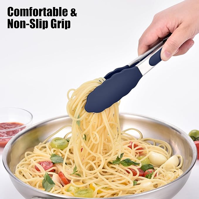 Doosu Kitchen Tongs for Cooking - 600°F Heat Resistant Food Tong with Non-Scratch Silicone Tips, Heavy Duty Stainless Steel Locking Tong for BBQ, Grilling Steak, Serving Salad Pasta (7in, Navy Blue)