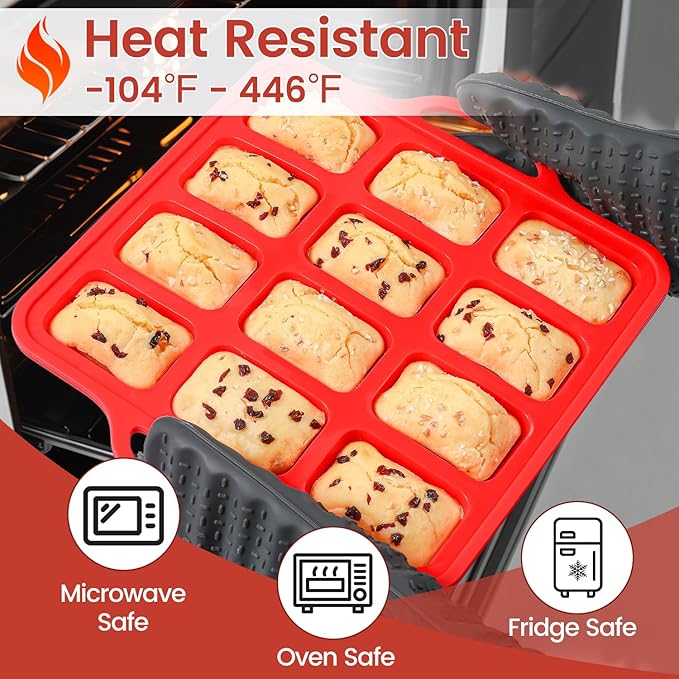Silicone Mini Loaf pan, 12 Cavities Metal Reinforced Frame Nonstick Food Grade for Baking Mini Bread, Brownie, Cornbread, Cheesecake and Chocolate (1 Pack)