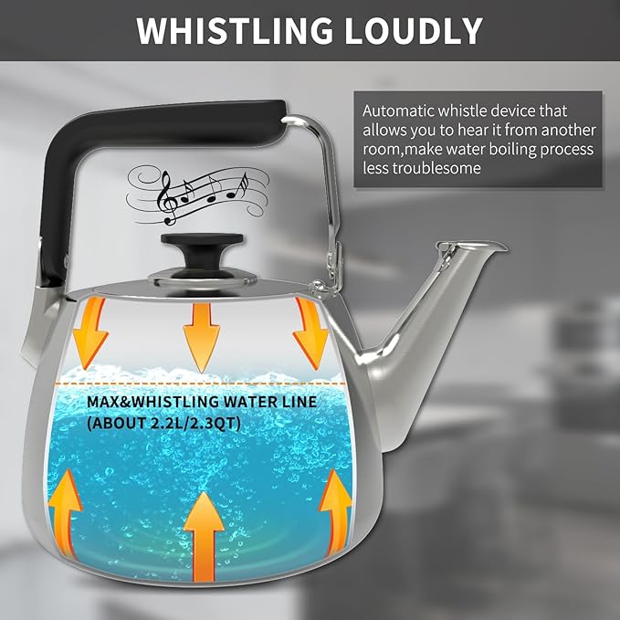 Tea Kettle, Whistling Stovetop Tea Kettle, Large Capacity Teapot Suits for All Heat Source, Professional Fast Heat Technique Teapot with Thick Body and Bottom, Durable and Sturdy Tea Pot