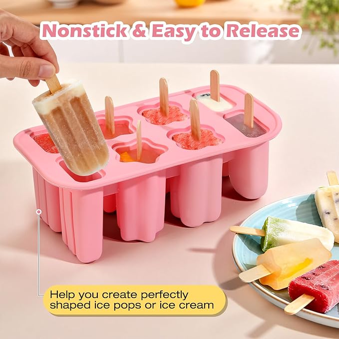 Popsicles Molds, 8-Cavity Silicone Popsicle Molds with 50 Sticks, BPA-Free Ice Pop Mold Popsicle Maker with Funnel & Cleaning Brush for Kids Adult Teens