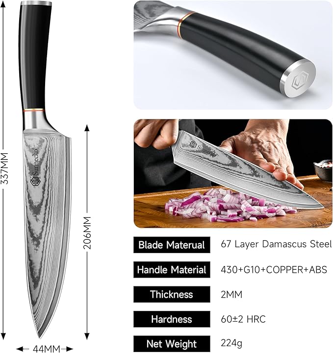Sunnecko Chef Knife,Japanese VG10 Core Steel Damascus Knife,Professional Razor Sharp Kitchen Knives with Knives Sharpner
