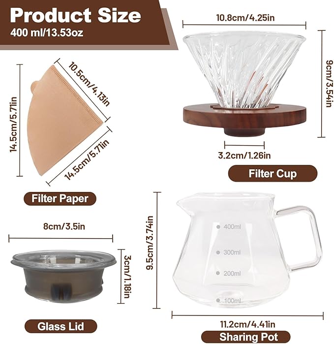 Pour Over Coffee Maker Set 400ml Portable with 50 Pcs Filter Paper Glass Coffee Maker High Borosilicate Glass Eagle Beak Spout Design Walnut Wood Base for Pour Over Dripper for Daily Brewing