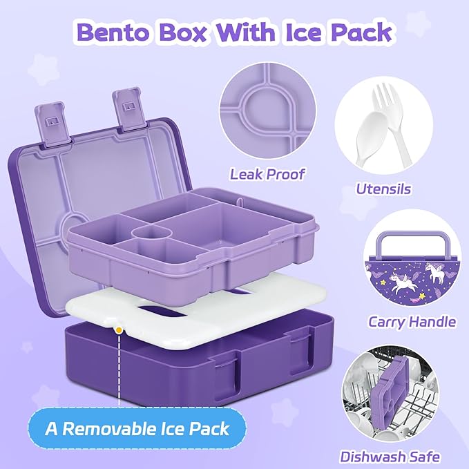 Bento Lunch Box Kids and 9oz Soup Thermos – 5.5-Cup Leakproof Kids Bento Box with Ice Pack & 9oz Insulated Food Jar – Hot & Cold Food Lunch Container for Boy Girl School, Purple Set