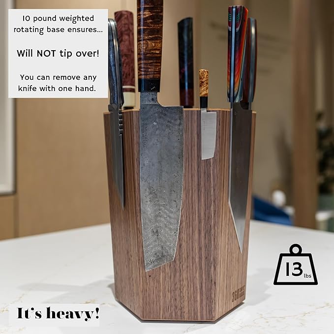 The 360KB ™ (Walnut) magnetic rotating knife block - handmade in Washington - shortest member of the 360 Knife Block ® family