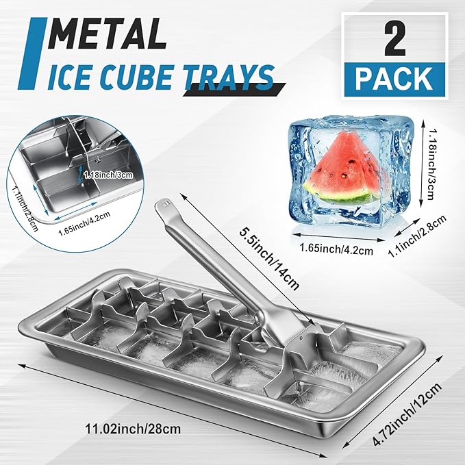 2 Pcs 18 Slot Stainless Steel Ice Cube Maker and Tray Ice Cube Tray for Bars Kitchens Levers Remove Cubes Easy Removal Metal Food Grade Freezer Molds for Food Juice Dishwasher Safe