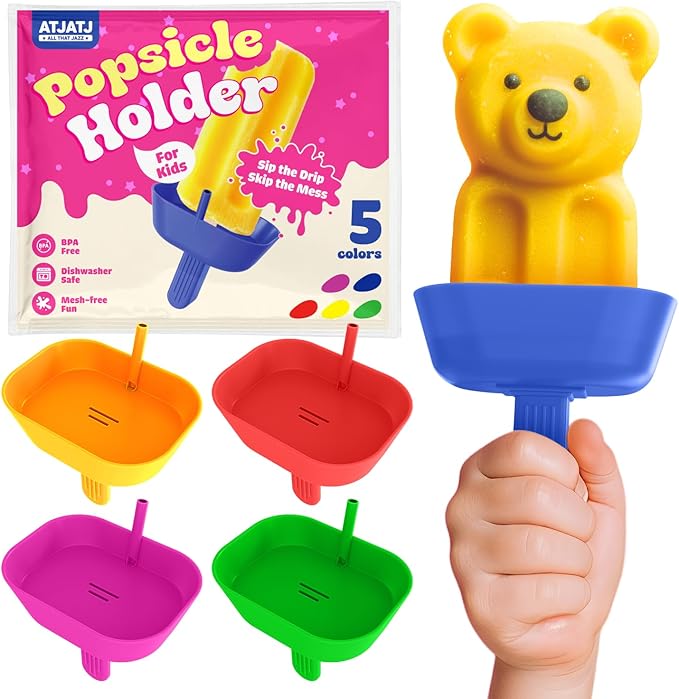 5 pcs Drip Free Popsicle Holders for Kids, Reusable Silicone Ice Cream Holder With Straw, Mess Free Popsicle Drip Catcher for Toddlers, Dishwasher Safe BPA Free, Fit Standard Stick Ice Pop (5 Colors)