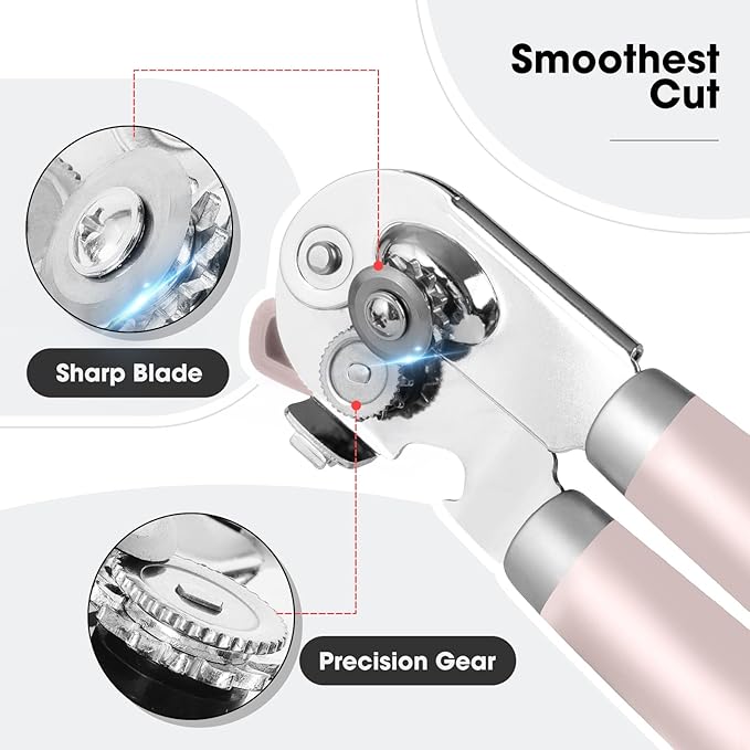 Beneno Heavy Duty Hand Can Opener Manual with Magnet, Durable Sharp Carbon Steel Blade Smooth Cutting, Big Effort-Saving Knob & Soft Grip Handle, Multifunctional Bottle Opener, Light Pink