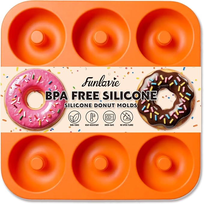 Large Silicone Donut Pan for Baking, 9 Cavity Non-Stick Food Grade Silicone Donut Molds, Doughnut Pan and Bagel Pans for Baking & Kitchen, BPA Free 11.2 x 11.1 Inches, Dishwasher Safe - Orange