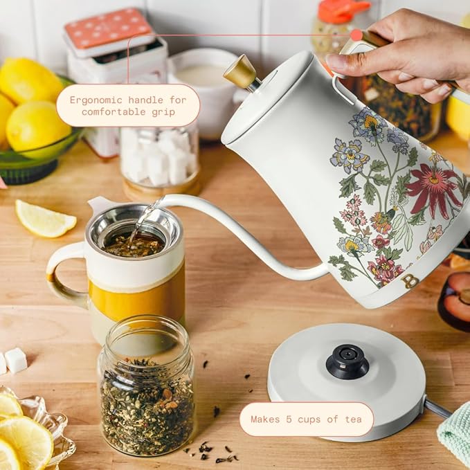 Beautiful 1L Electric Gooseneck Kettle, Precision Pour Spout, 1200W Fast Boil, Auto Shut-Off, Cordless, Stainless Steel, Tea & Coffee Maker with Ergonomic Handle, Wildflower White Icing