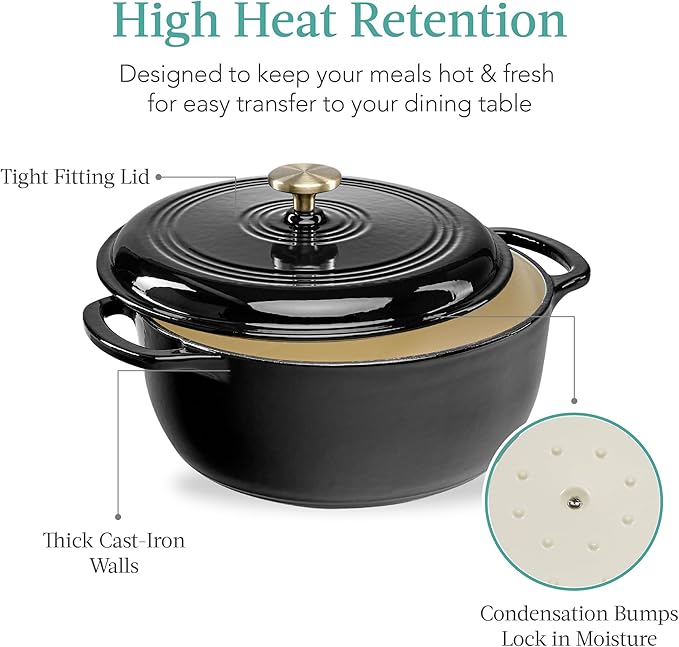 Best Choice Products 7.5 Quart Enamel Cast-Iron Round Dutch Oven, Family Style Heavy-Duty Pre-Seasoned Cookware for Home, Kitchen, Dining Room, Oven Safe w/Lid, Dual Handles - Black Licorice