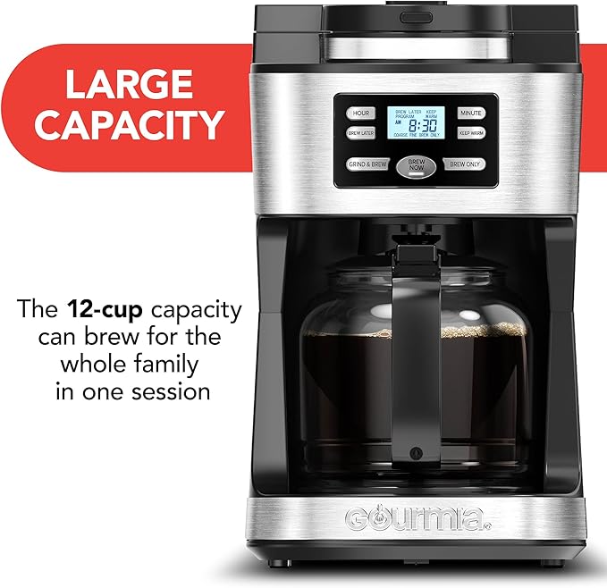 Gourmia Digital Coffee Machine 12Cup FullyAutomatic Large coffee maker integrated CoffeeGrinder,Pot,stainless steel mesh coffee filter 4Hr KeepWarm and Freshness Indicator GCM3180,Black and Silver