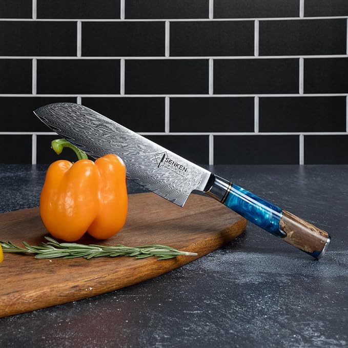 SENKEN 15-Piece Damascus Knife Block Set - "Tsunami" Collection Japanese Chef Knife Set - 67-Layer Japanese VG10 Steel Blades, Includes Chef Knife, Cleaver, 6 Steak Knives (15-Piece Knife Block Set)
