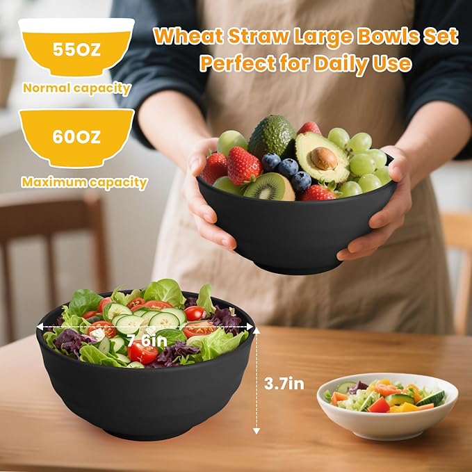 Homienly Unbreakable Big Bowl Set of 8: Alternative to Large Plastic Bowls - 60oz Wheat Straw Bowls for Salad, Soup & Cereal, Microwave & Dishwasher Safe for Everyday Use & Picnics - Black