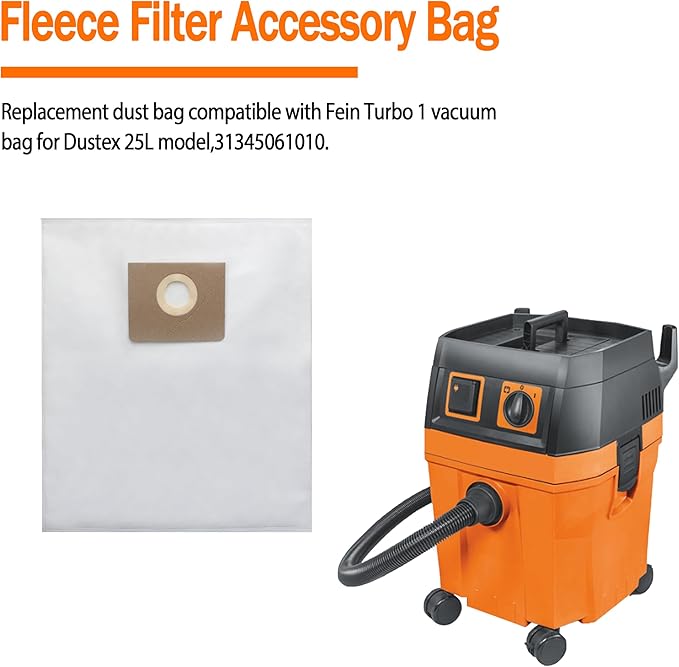 31345061010 Filter Bag for Fein Turbo I Vacuums, Replacement Dust Bags for Turbo 1 Vacuum, Tear-Resistant Non-woven Vacuum Filter Bag 2-3 Times More Capacity, Filter Bag for Dustex 25L Model, 5 Pack