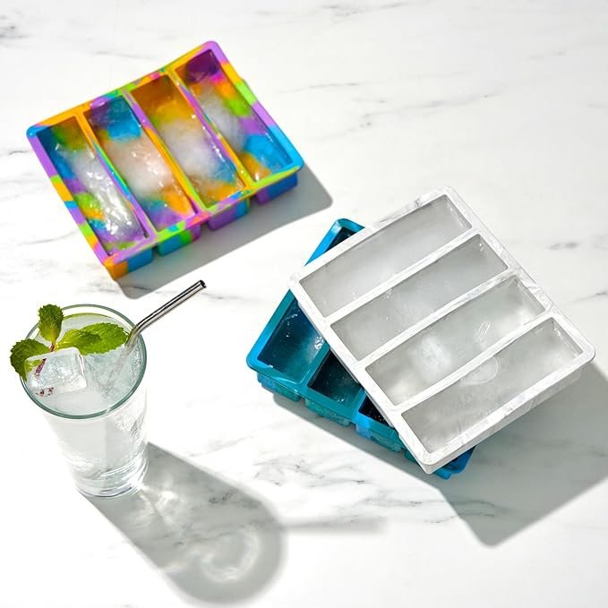 Host Ice Cube Tray, Makes Four 5-Inch Long Cubes, Durable Silicone Trays with Easy Release Design, Perfect for Water Bottles and Highball Glasses, Home Bar Accessories, Set of 1, Marble