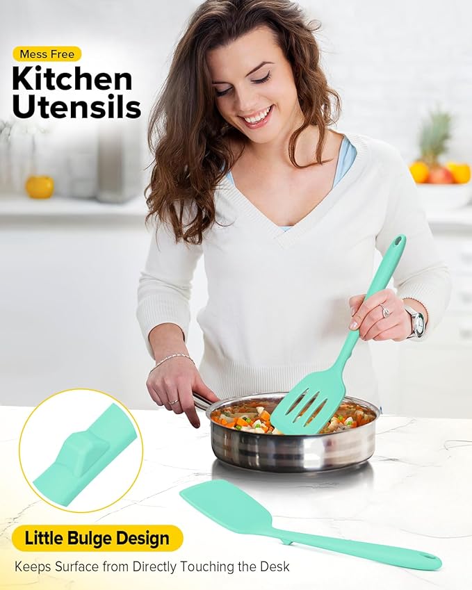 Pack of 2 Silicone Spatula Turners, Non Stick Slotted Kitchen Spatula Set, Heat Resistant BPA Free Kitchen Utensils, One-Piece Design, Suitable for Flipping Fish, Eggs, Steak, Pancakes (GREEN)