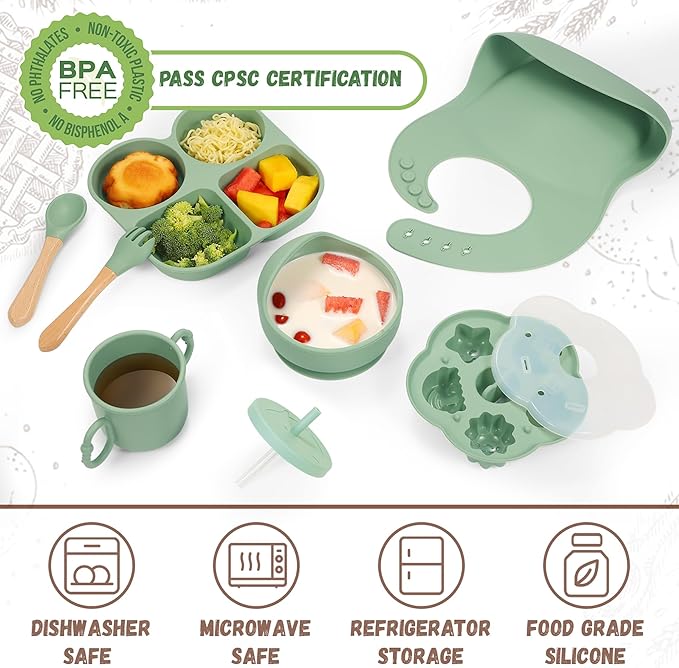 Silicone Baby Feeding Set, Baby Led Weaning Supplies, Baby Food Tableware Silicone Suction Plate, Bowl, Spoons, Fork, Waterproof Bib, Cup & Complementary Food Cake Mold, Baby Eating Utensils