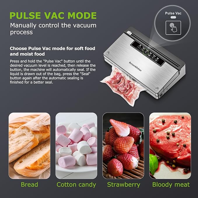 Bonsenkitchen Vacuum Sealer Machine, Stainless Steel Food Sealer Vacuum Sealers with 100 Bags & 1 Roll Bag, 5 Food Vacuum Modes, Built-in Cutter & Bag Storage, Silver-Black