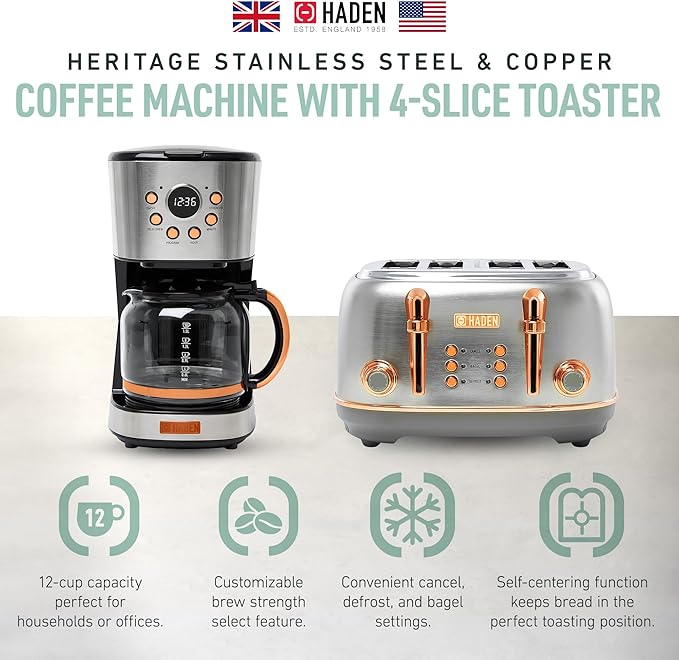 Haden Heritage 4 Slice Wide Slot Stainless Steel Toaster Bundled with 12 Cup Programmable Drip Coffee Maker Coffee Machine, Steel & Copper