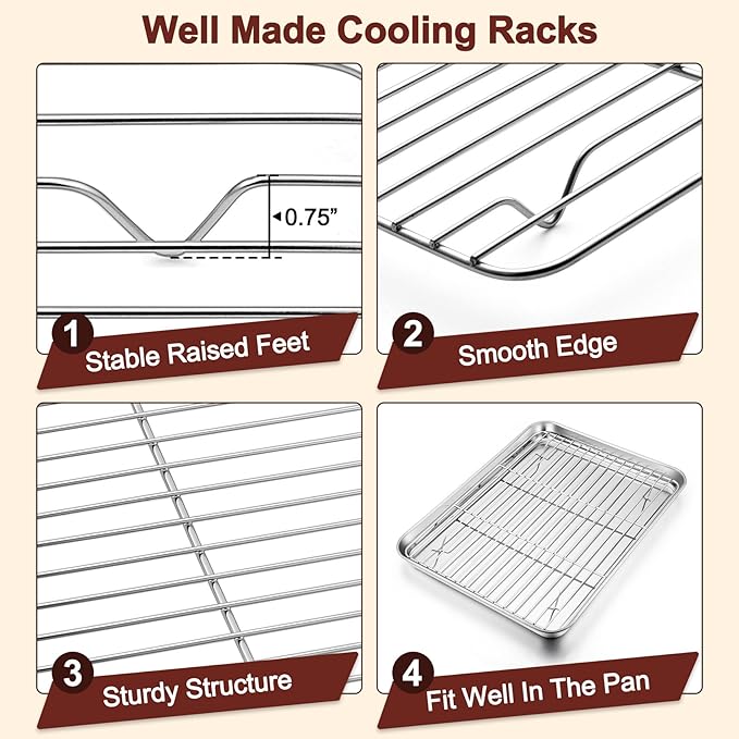TeamFar Baking Sheet with Rack Set (3 Pans + 3 Racks), 17.6/12.5/10.5 Inch Stainless Steel Cookie Sheet Baking Pans Tray and Cooling Racks for Cooking Roasting, Non-Toxic & Heavy Duty, Dishwasher Safe