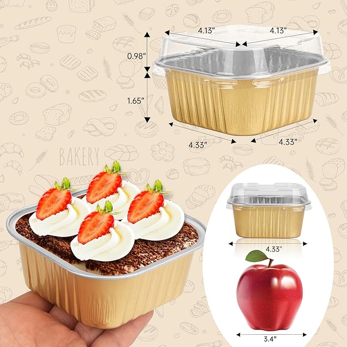 50 Pcs Mini Square Baking Cups with Lids,10oz Aluminum Foil Mini Cake Pans with Lids,Disposable Ramekins Cake Pans,300ml Dessert Cups Cupcake Pans for Wedding Birthday Party,Gold
