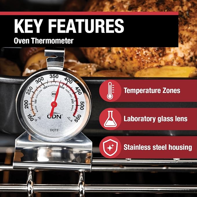 CDN Oven Thermometer ProAccurate®, Easy-to-Read 2"" Dial, Stainless Steel Housing, Temperature Zones, Stand or Hang, Monitor Oven Temperatures, NSF Certified - DOT2