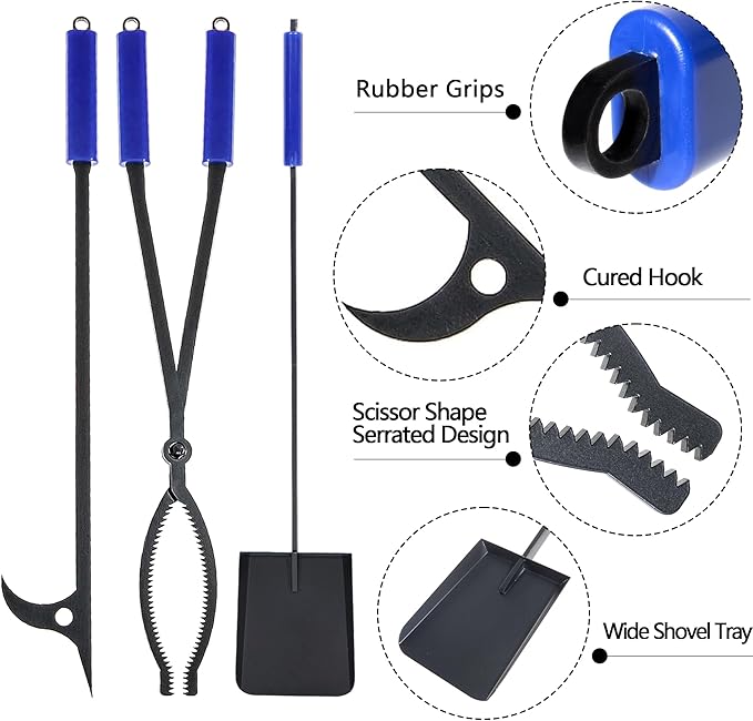 Fireplace Tools Set Indoor, 28" Fire Poker Fire Tongs and Shovel, Wrought Iron Firewood Tongs with Metal Stand and Rubber Handle Log Grabber for Fire Pit Ash Shovel for Campfire Backyard Bonfire