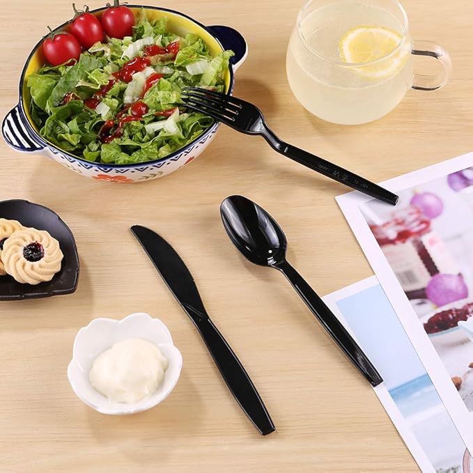 Plastic Spoons Disposable Individually Packaged Spoons Black 7-Inch Commercial Take Away,Super Hard Mass Heavy Individually Wrapped 100 PCS (Pack of 2)
