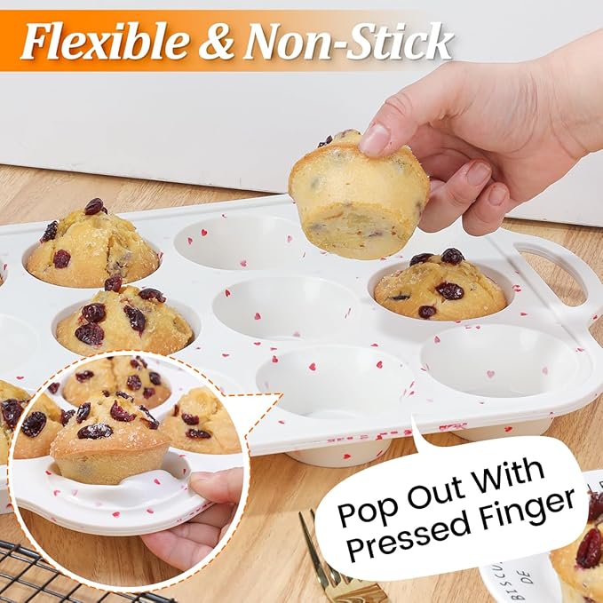 Silicone Muffin Pan, Metal Reinforced Frame Silicone Cupcake Pan Easy to Handle 12 Cups for Valentine's Day Baking Nonstick Regular Size Muffin Tin 1 Pack Love Heart