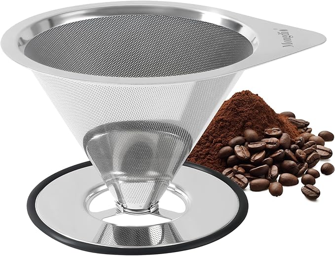Mongdio Pour Over Coffee Dripper, Stainless Steel Coffee Dripper, Reusable Metal Coffee Filter, Double Mesh Design of Pour Over Coffee Maker, With Removable Base.1-4 Cups