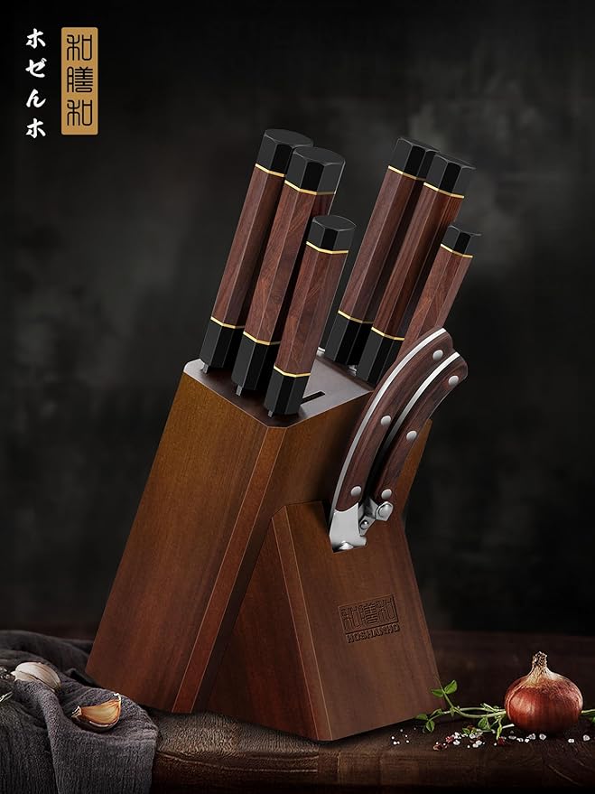 HOSHANHO 8 Pieces Knife Set, Japanese High Carbon Steel Kitchen Knives Set with Block, Hand Forged Ultra Sharp Chef Knife Set with Ergonomic Rosewood Handle
