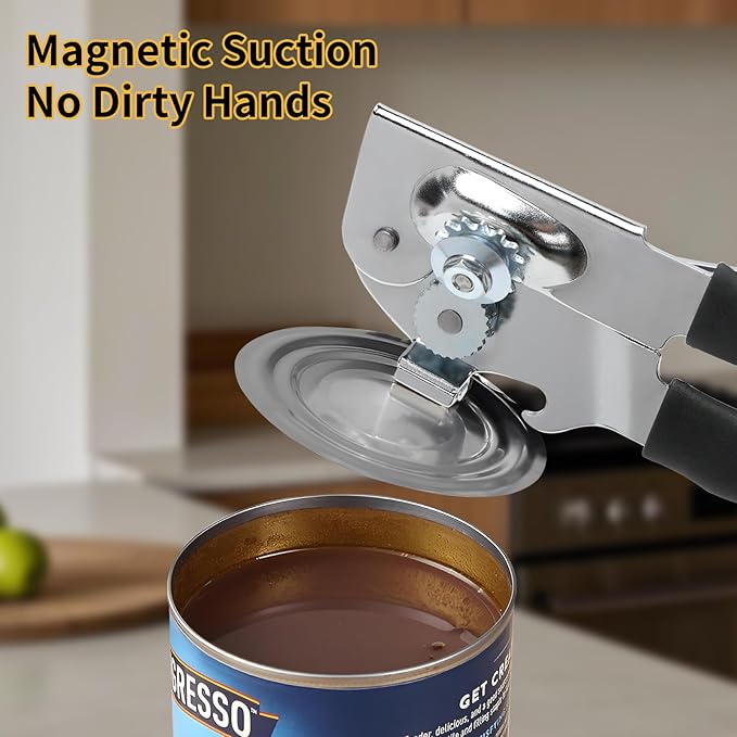 Manual Can Opener, Heavy Duty Power Can Opener with Soft Touch Handle, Sharp Blade, Smooth Edge, Can Opener with Multi-Purpose Bottle Opener, Get a Bottle Opener, Black
