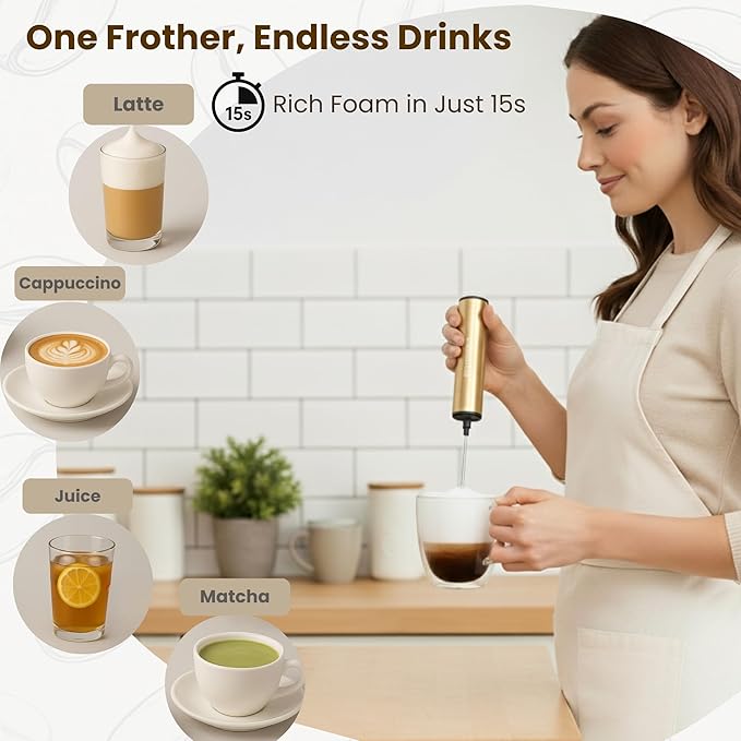 Rechargeable Milk Frother, Electric Coffee Foamer, Handheld Drink Mixer for Latte, Cappuccino, Coffee, Eggs, Hot Chocolate, Protein,Beige