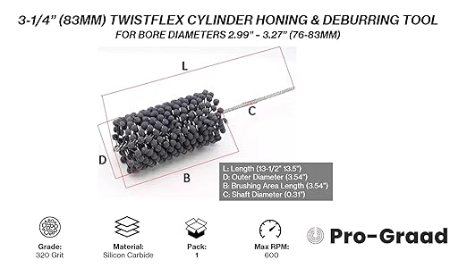 TwistFlex 3-1/4” (83mm) 320 Grit Silicon Carbide Cylinder Hone 77-83mm, Bores 2.99”-3.27” for KX250F 2004-18, YZ250F 2001-18, CRF250R 2004-18, WR250F 2001-09, RMZ250 2004-18, RZR 800 EPS 2011-14