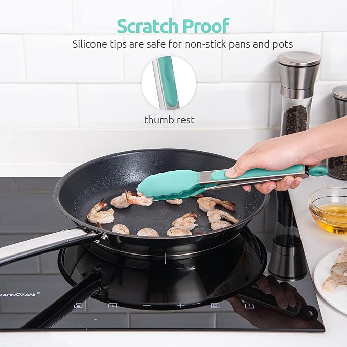 Heat Resistant Silicone Kitchen Tong: U-Taste 9 inch 480ºF Hot Proof Cooking Tong with Firm Sealed Non Stick Rubber Tips & Silicon Coated Steel Handle & Smooth Locking for Serving Grill Salad-Aqua Sky