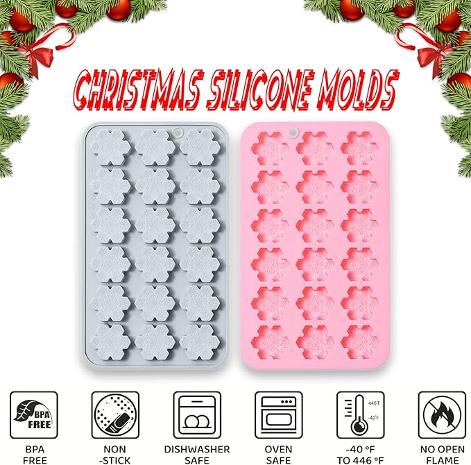 2 Pcs Snowflake Silicone Molds, 18-Cavity 3D Christmas Snowflake Chocolate Silicone Molds for DIY Christmas Winter Jello Candy Cupcake Fondant Baking Polymer Clay Decoration