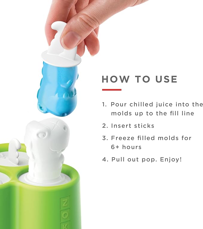 Zoku Dino Pop Molds, 6 Different Easy-release Silicone Popsicle Molds in One Tray, Unique and Fun Prehistoric Designs, BPA-free