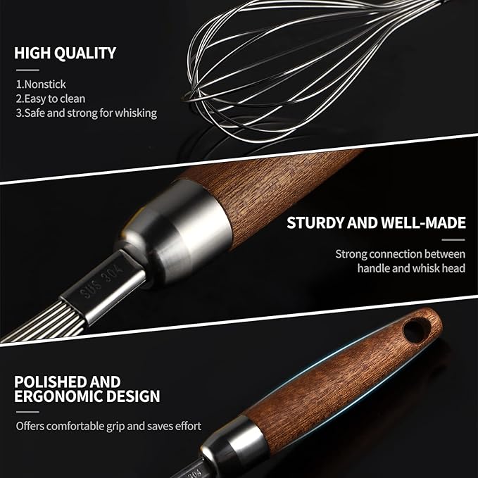 304 Stainless Steel Whisk with Wooden Handle, Balloon Egg Beater Versatile for Stirring, Beating, Whisking, Blending, Mixing Egg, Cake Batter, Bread Flour, Gravy or Sauces
