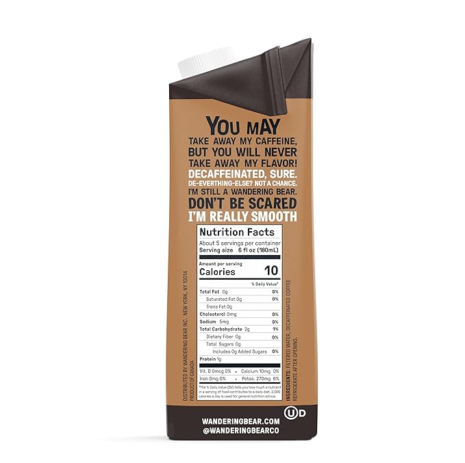 Wandering Bear Decaf Cold Brew Coffee - Bold, Smooth, No Sugar Added, Shelf-Stable, Ready to Drink, Gluten Free & Vegan Decaf Iced Cold Brewed Coffee Drink - 32 fl oz, 3 pack
