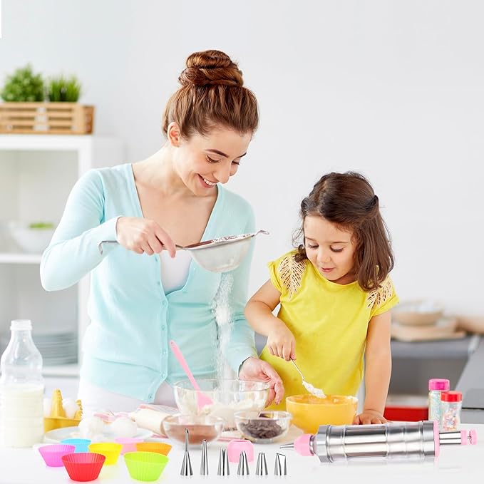 FACIACC Dessert Decorating Syringe Set, Stainless Frosting Piping Kit with 7 Piping Tips & 7 Silicone Cupcakes, Dessert Making Tools for Baking Cupcakes, Cookies & Pastries