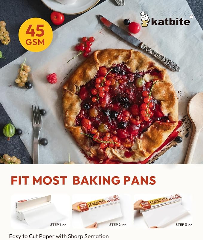 Katbite 15in x 242ft, 300 Sq.Ft Value Pack Parchment Paper Roll for Baking, Parchment Baking Paper with Serrated Cutter, Heavy Duty & Value Pack Roll for Cooking, Air Fryer, Steaming, Bread